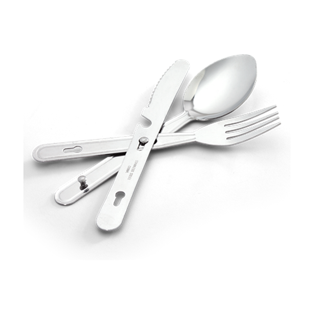This three piece stainless steel knife, fork and spoon set clip together for easy carrying and storage.

Specifications:

Measures: 14.6cm x 2.54cm
Weighs: 70.9 g www.defenceqstore.com.au