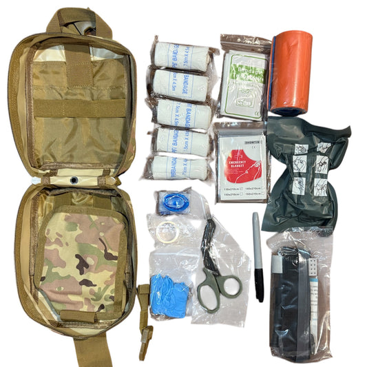 The Combat Trauma Kit Medium With Multicam Pouch Bundle is for emergency treatment for one person in case of injury. www.defenceqstore.com.au