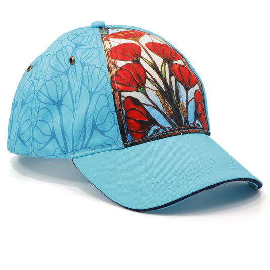 This exquisite panel cap features a seamless front panel displaying a stunning full-colour stained-glass poppy design. The aqua-coloured cap also showcases a subtle line art rendition of the same poppy motif on its remaining panels. Enhanced with deep turquoise piping along the brim, this cap exudes a polished look. With an adjustable hook-and-loop strap, it offers a perfect fit. www.defenceqstore.com.au