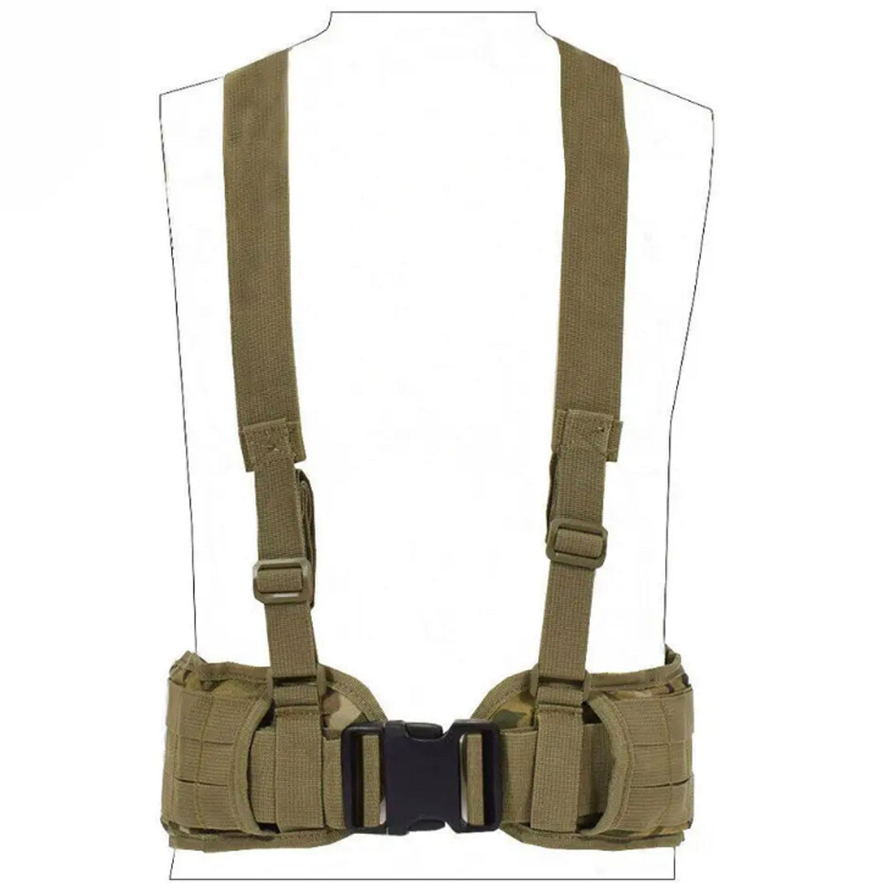 Boasting three rows of MOLLE-designed webbing straps for easy pouch attachment, the Cross Harness Platform is a lightweight, low-profile option with adjustable waist straps (34-64 inches) and easy-release, high-quality buckles. www.defenceqstore.com.au colour multicam front