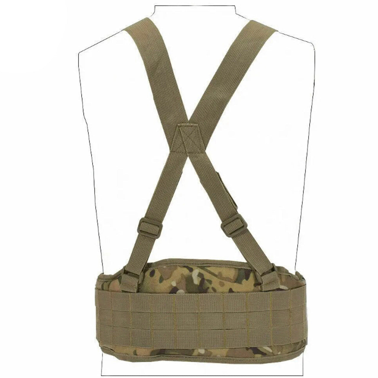 Boasting three rows of MOLLE-designed webbing straps for easy pouch attachment, the Cross Harness Platform is a lightweight, low-profile option with adjustable waist straps (34-64 inches) and easy-release, high-quality buckles. Multicam rear colour www.defenceqstore.com.au