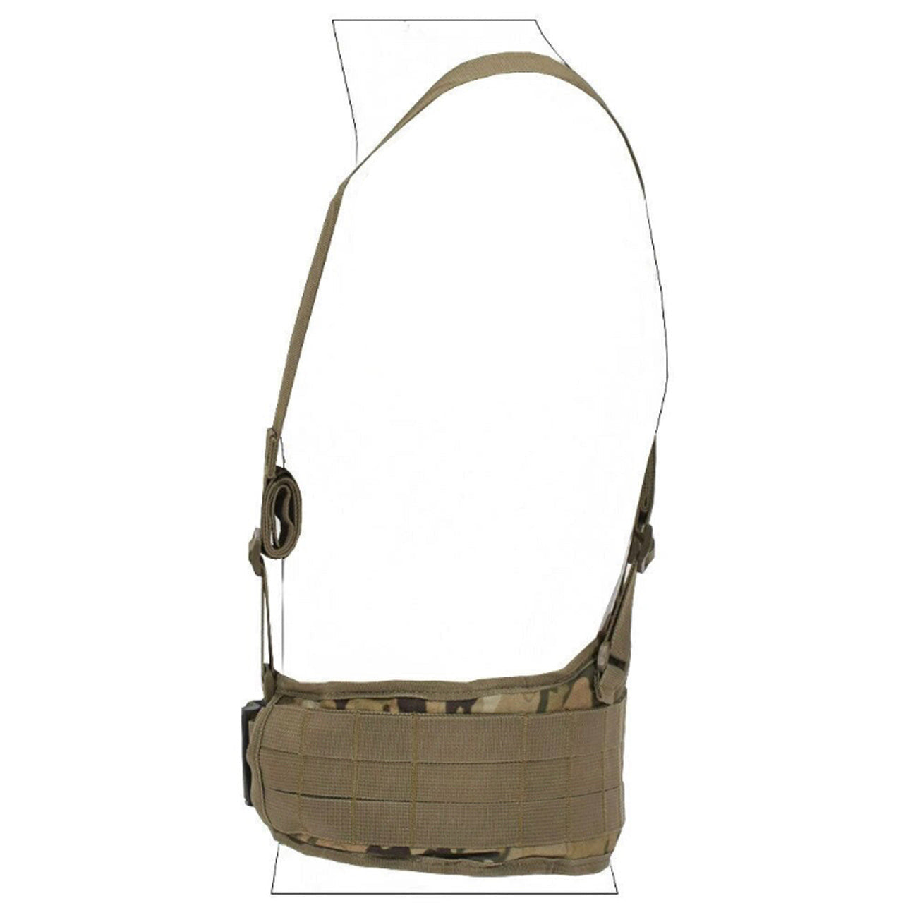 Boasting three rows of MOLLE-designed webbing straps for easy pouch attachment, the Cross Harness Platform is a lightweight, low-profile option with adjustable waist straps (34-64 inches) and easy-release, high-quality buckles. multicam side view www.defenceqstore.com.au