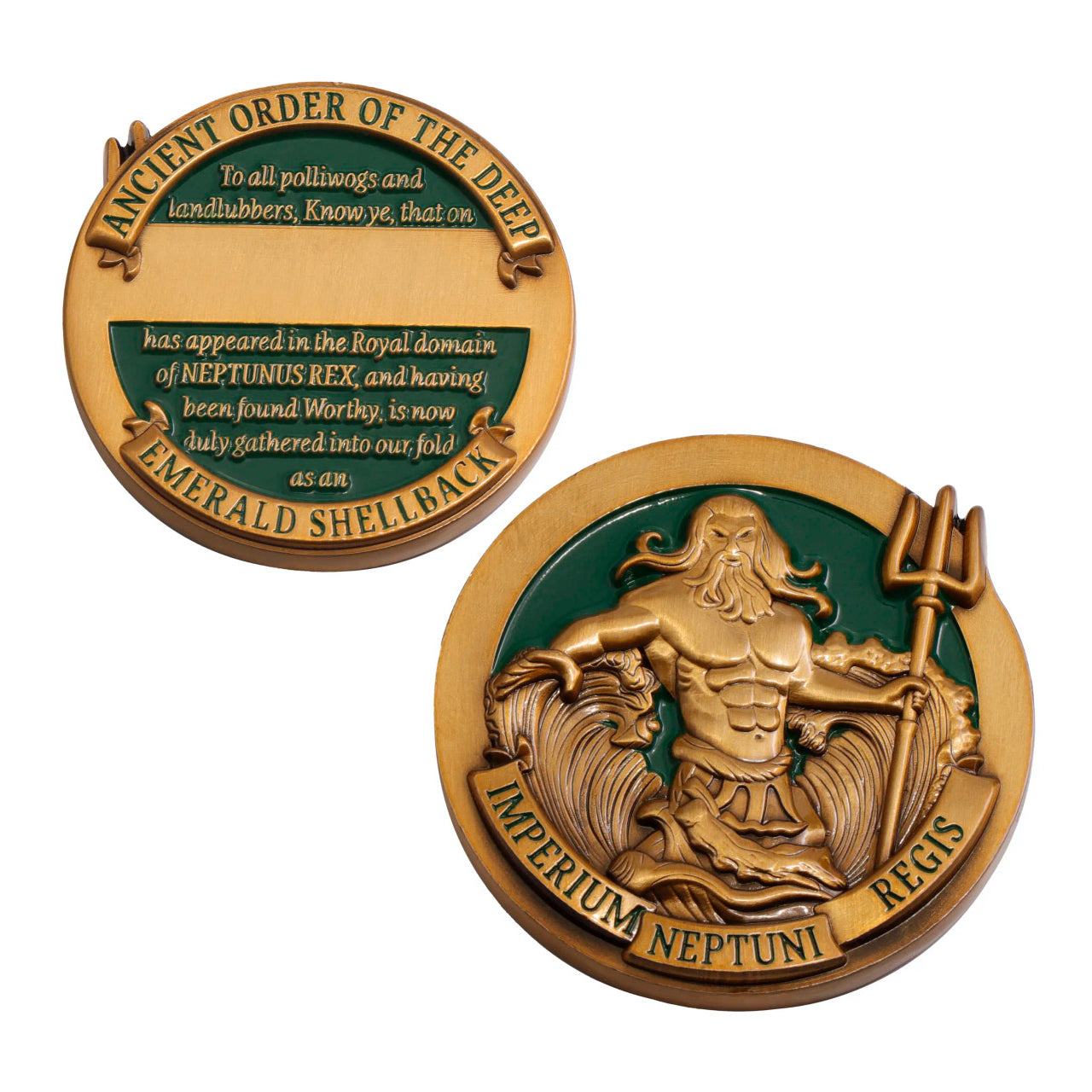 The Crossing the Line Emerald Shellback Medallion is a tribute to nautical tradition and triumph. Crafted with precision and centuries of seafaring legacy, this 48mm medallion is resplendent in antique gold plating and adorned with captivating emerald-green enamel. www.defenceqstore.com.au