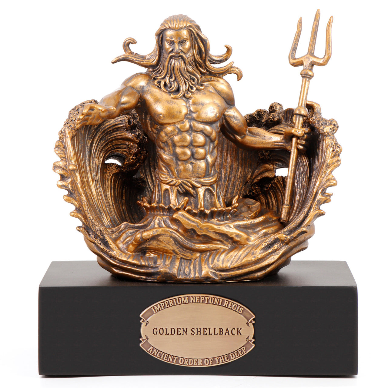 Crafted with exquisite detail, this 150mm masterpiece is sculpted from cold cast bronze, and its gleaming antique gold finish elevates it to a realm of unparalleled elegance. Mounted atop a finely crafted timber block, it captures the very essence of Neptune's regal emergence from the ocean depths.  www.defenceqstore.com.au