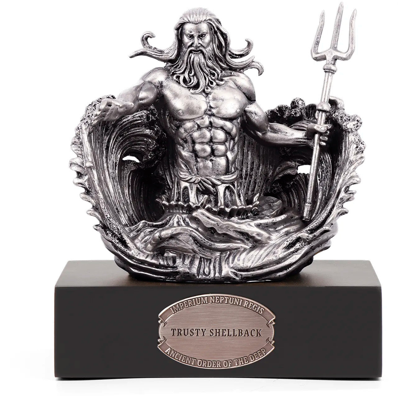  Standing at a commanding 150mm, it is a masterpiece crafted from cold cast bronze, elegantly finished in antique silver. At its heart, a magnificent three-dimensional sculpture of Neptune himself rises from the depths of the ocean, forever immortalized in silver, while perched atop a finely crafted timber block. www.defenceqstore.com.au