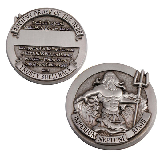 Celebrate a time-honoured maritime tradition with the Crossing the Line Shellback Medallion. This 48mm antique silver-plated medallion pays homage to the ancient custom of 'Crossing the Line' ceremonies, a tradition that found its way into the esteemed ranks of the Royal Australian Navy. www.defenceqstore.com.au