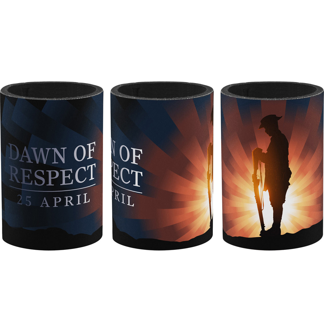 A beautiful commemorative cooler with vibrant colours and stunning artwork. An eye-catching cooler, perfect for keeping your drinks cold. This fantastic 5mm neoprene cooler features a soldier resting at reversed arms in front of the rising sun. www.defenceqstore.com.au