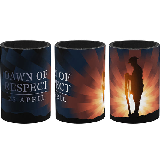 A beautiful commemorative cooler with vibrant colours and stunning artwork. An eye-catching cooler, perfect for keeping your drinks cold. This fantastic 5mm neoprene cooler features a soldier resting at reversed arms in front of the rising sun. www.defenceqstore.com.au