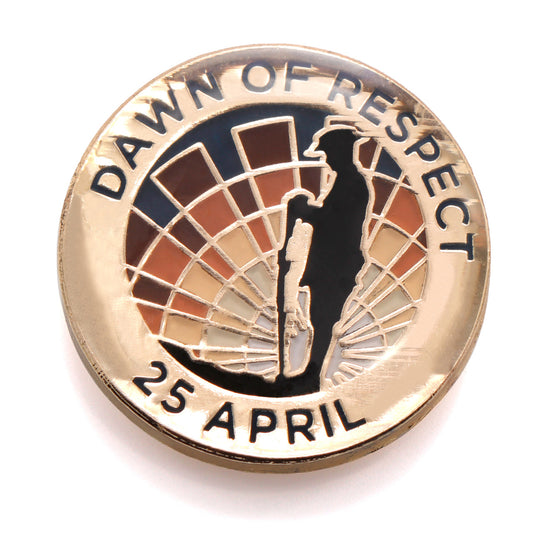 Show your support with this sensational Magna Badge. A beautiful addition to any collection or lapel, this wonderful Dawn of Respect Magna Badge features the silhouette of a soldier resting at reversed arms in front of a vibrant dawn burst. A sensational addition to any collection to honour and show respect to all those who have served. www.defenceqstore.com.au