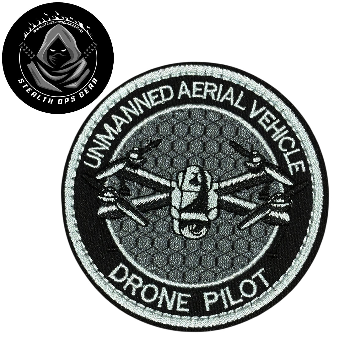 Unleash your creativity with the Drone Pilot Grey Embroidery Patch Hook &amp; Loop Stealth Ops Gear! Measuring 8cm and featuring a beautifully embroidered design and secure hook &amp; loop backing, this patch is a must-have for any collector. www.defenceqstore.com.au