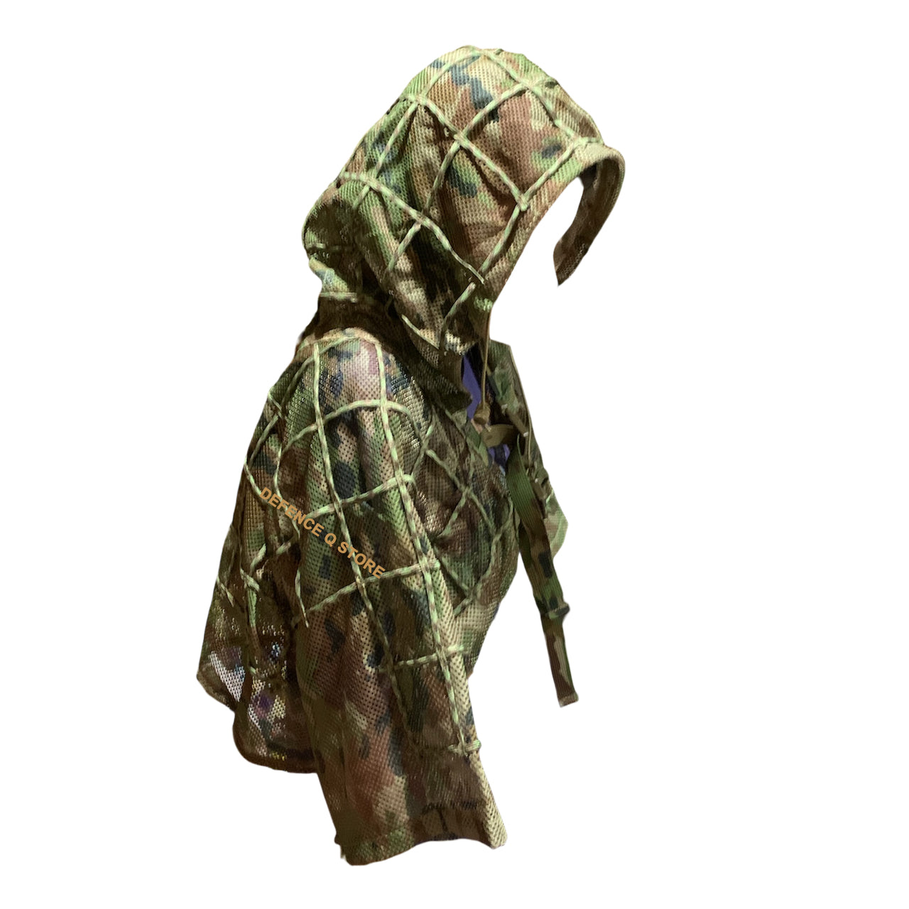 This versatile suit features an integrated hood and wide 550 cord grid work for garnish and foliage attachment, effectively hiding the head and upper body. Its lightweight mesh material ensures maximum ventilation and minimal weight, making it ideal for use with chest rigs or duty gear. www.defenceqstore.com.au