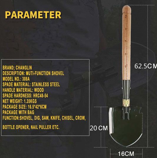 Discover the epic versatility of this multi-functional Entrenching Tool Shovel, featuring a durable wooden handle and a powerful stainless steel blade with a hardness of 48-54. With its impressive net weight of 1.4Kg, this shovel also boasts a saw, knife, chisel, pick, crow, bottle opener, and nail puller. The ultimate tool for any outdoor adventure and survival situation. www.defenceqstore.com.au