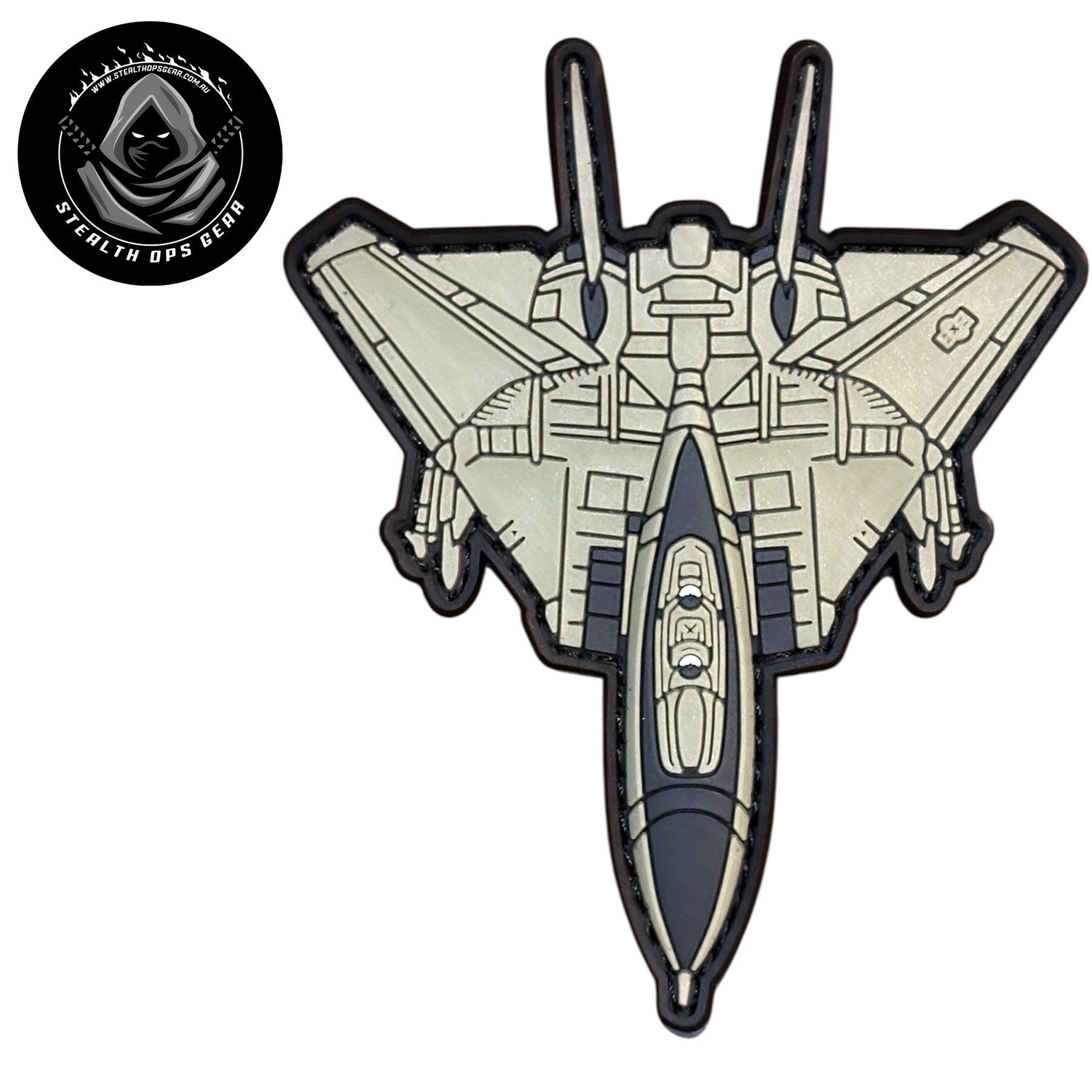 F14 Tomcat Grey PVC Morale Patch - Stealth Ops Gearr. This bold PVC morale patch delivers attitude and authenticity to your tactical gear, backpack, or everyday carry. At 10x8cm, it's sized perfectly for visibility without overwhelming your setup. www.defenceqstore.com.au