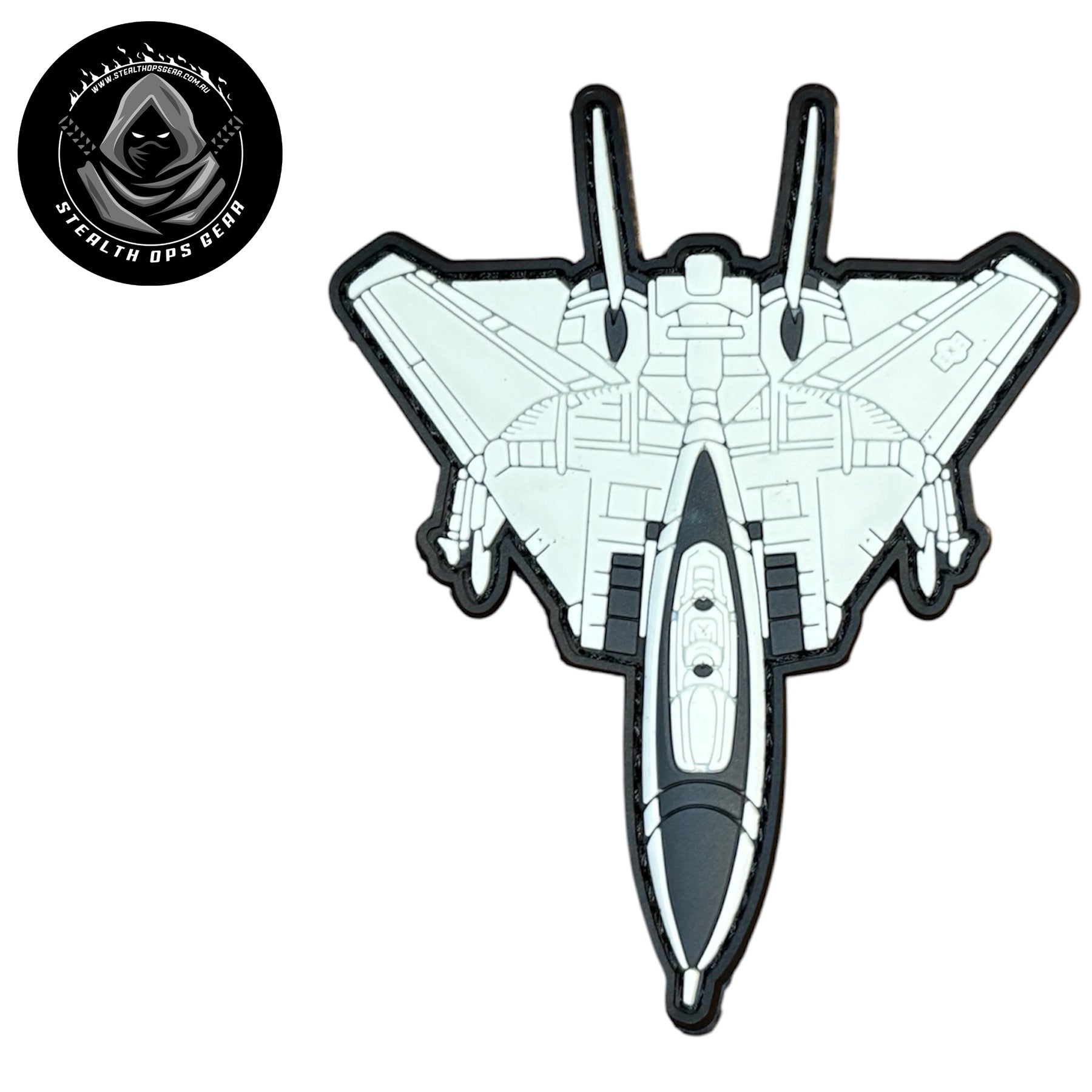 F14 Tomcat White PVC Morale Patch - Stealth Ops Gear. This bold PVC morale patch delivers attitude and authenticity to your tactical gear, backpack, or everyday carry. At 10x8cm, it's sized perfectly for visibility without overwhelming your setup. www.defenceqstore.com.au