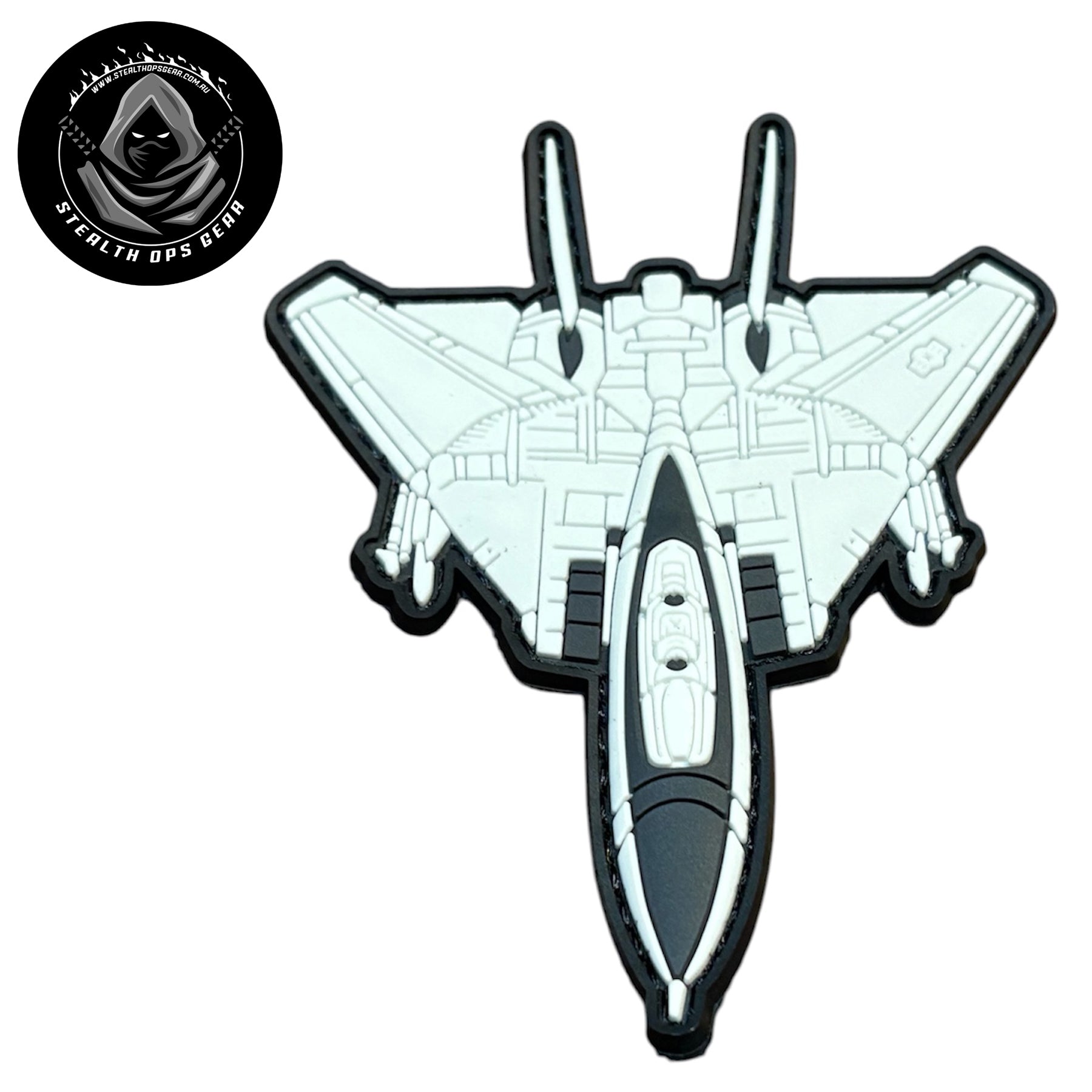 F14 Tomcat White PVC Morale Patch - Stealth Ops Gear. This bold PVC morale patch delivers attitude and authenticity to your tactical gear, backpack, or everyday carry. At 10x8cm, it's sized perfectly for visibility without overwhelming your setup. www.defenceqstore.com.au