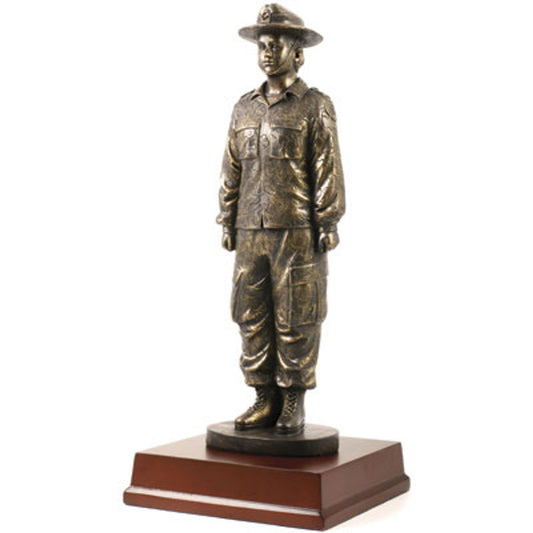 Impress any military enthusiast with this unique Female Army Cadet Figurine. Crafted with intricate detail, this 295mm tall cold cast bronze figurine stands atop a 130mm x 130mm base with a 15mm x 60mm inscription plate, perfect for a special message. Give them the perfect gift, award or collectible that honors their service. www.defenceqstore.com.au