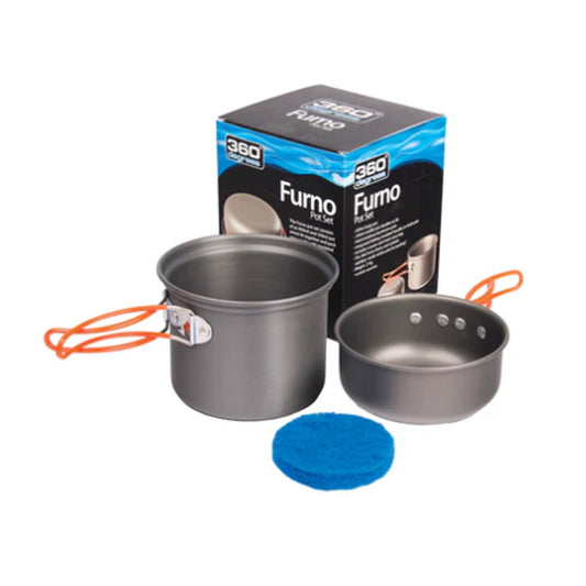 Ideal for solo or duo travellers, the compact Furno Pot Set includes two hard anodised aluminium pots with insulated folding handles on each. www.defenceqstore.com.au