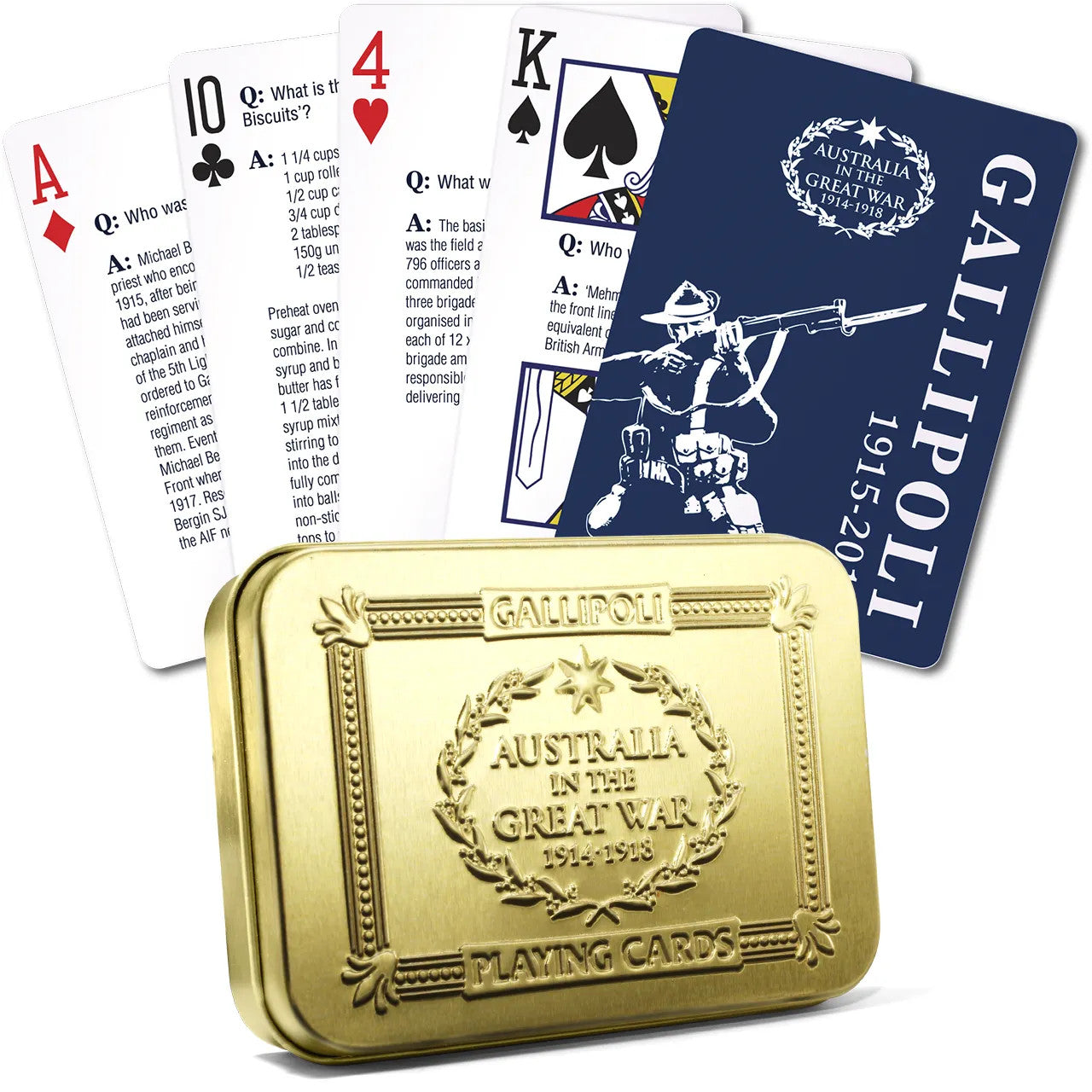 Experience the joy of playing your favourite games with exquisitely detailed and vibrant playing cards. These unique cards, accompanied by a striking matching tin case, make for an ideal collector's item or thoughtful gift. www.defenceqstore.com.au