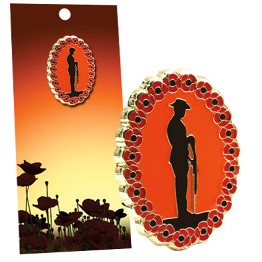 The beautiful Going Down of the Sun Poppy Lapel Pin on Card from the military specialists. The lone soldier at Reverse Arms is set against deep crimson enamel and surrounded by a ring of poppies. www.moralepatches.com.au