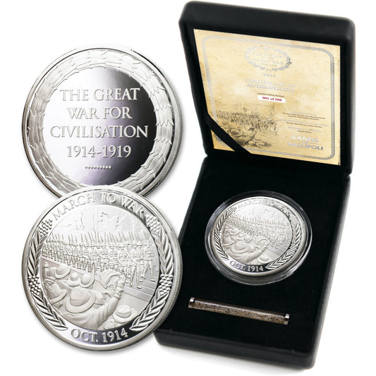 The Sands of Gallipoli 2014 release March to War Limited Edition Medallion is a truly remarkable piece from the tactical specialists. This medallion commemorates Australia's first contingent to join the war, showcasing their bravery and dedication. www.defenceqstore.com.au