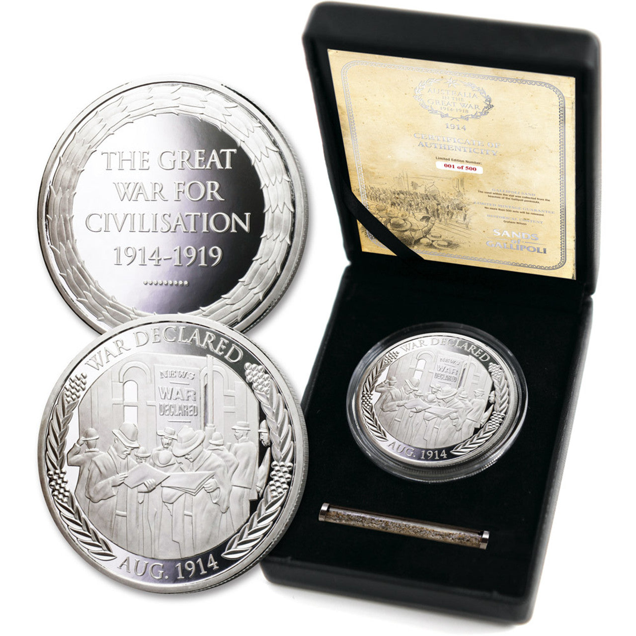 The Sands of Gallipoli 2014 release War Declared Limited Edition Medallion is a must-have collectible for military enthusiasts and history buffs. This exquisite medallion commemorates England's declaration of War on Germany in 1914 and the overwhelming support shown by Australians during that time. www.defenceqstore.com.au