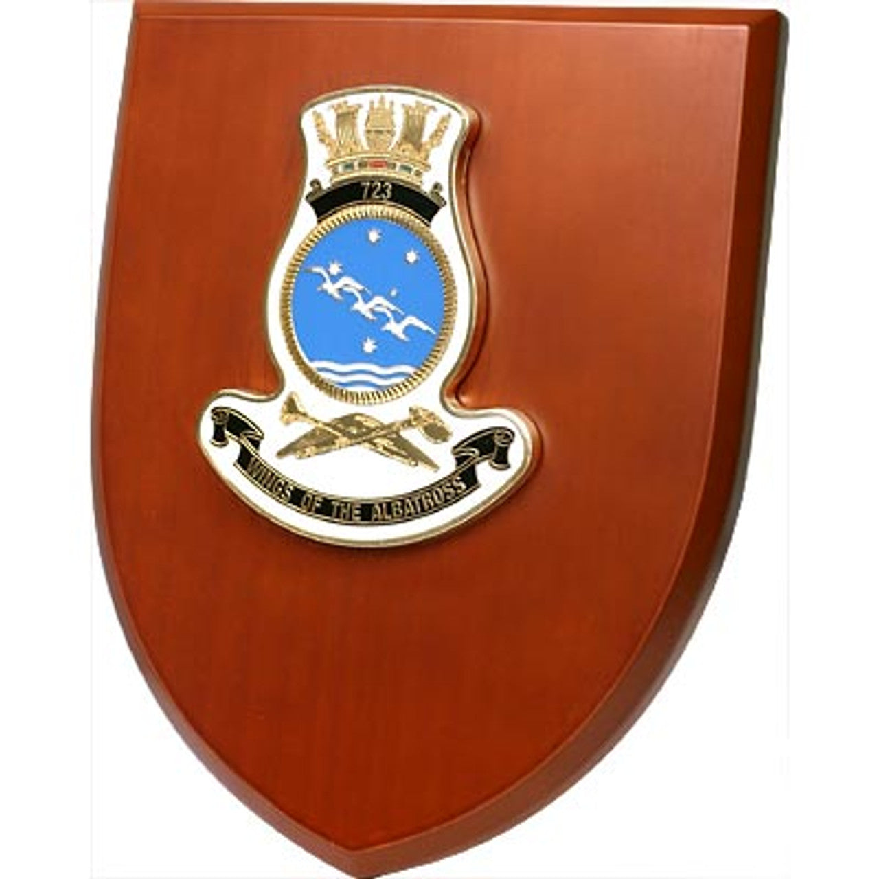 The Exceptional 723 Squadron Plaque is a truly remarkable piece that is sure to impress. This exquisite plaque showcases a stunning 100mm full colour enamel crest, elegantly placed on a 200x160mm timber finish shield. www.defenceqstore.com.au