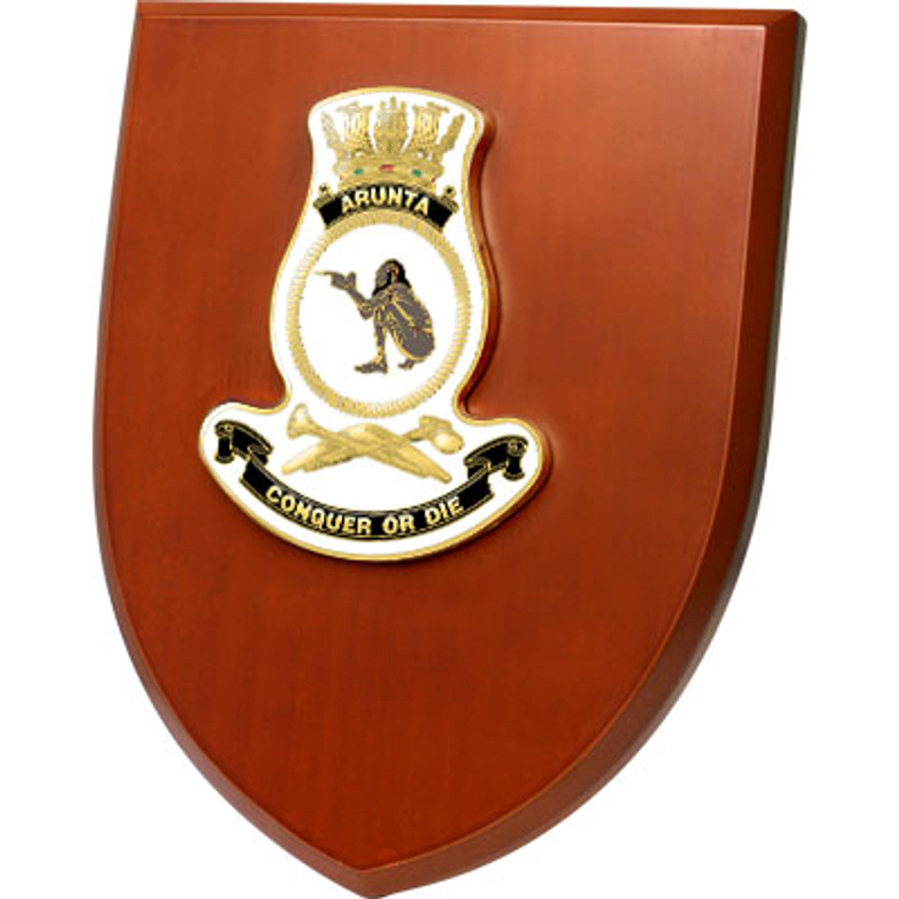 An Exceptional HMAS Arunta Plaque is now available for order. This exquisite plaque showcases a stunning 100mm full colour enamel crest, elegantly placed on a 200x160mm timber finish shield. www.defenceqstore.com.au