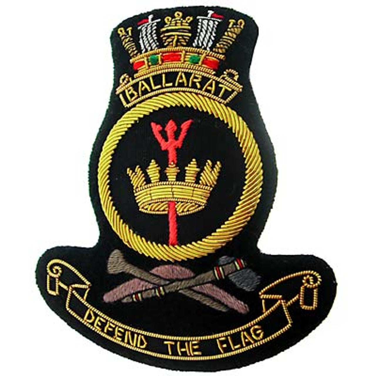 This HMAS Ballarat Bullion Pocket Badge is simply spectacular - adorn your blazer, bag, or any other item with an elegant, stately badge that measures a total of 80x80mm. The secure, 3-butterfly pin clasp on the back ensures that your badge is always in place. www.defenceqstore.com.au