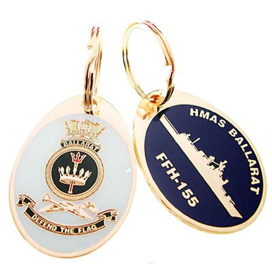 Looking for a unique and practical key ring? Look no further than the HMAS Ballarat key ring, available now from the tactical specialists. This stunning 40mm gold plated enamel key ring is not only a great way to keep your keys organized, but also a great conversation starter. Place your order today and never lose your keys again. www.defenceqstore.com.au