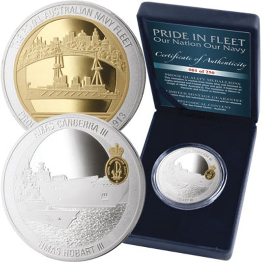 The HMAS Canberra-Hobart Limited Edition Medallion is a must-have collectible for military enthusiasts and history buffs. This exclusive medallion showcases our future ships, HMAS Canberra (III) and HMAS Hobart (III), representing the cutting-edge technology and strength of the Royal Australian Navy. www.defenceqstore.com.au