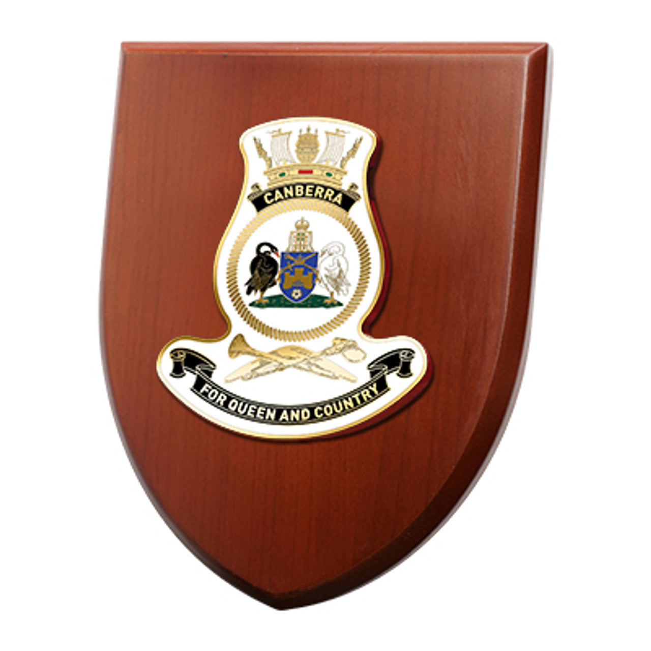 The Exceptional HMAS Canberra Plaque is a truly remarkable piece that is sure to impress. This exquisite plaque showcases a stunning 100mm full colour enamel crest, elegantly placed on a 200x160mm timber finish shield. www.defenceqstore.com.au