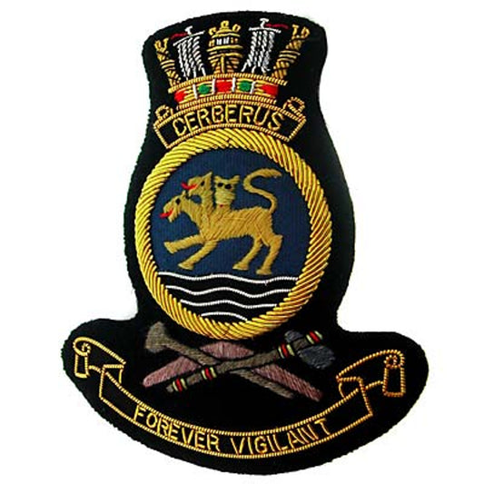 Astonishing HMAS Cerberus Bullion Pocket Badge is ideal for any garment, bag, or where a one-of-a-kind badge is desired. Approximate size 80x80mm. Attaches seamlessly with 3 butterfly clasps at the back. www.defenceqstore.com.au