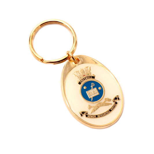 Add this exclusive token to your keychain for a touch of elegance! With its golden finish and full-color enamel HMAS Creswell crest, this key ring is a must-have for your everyday accessories. Don't wait, order your HMAS Creswell crest key ring now! www.defenceqstore.com.au