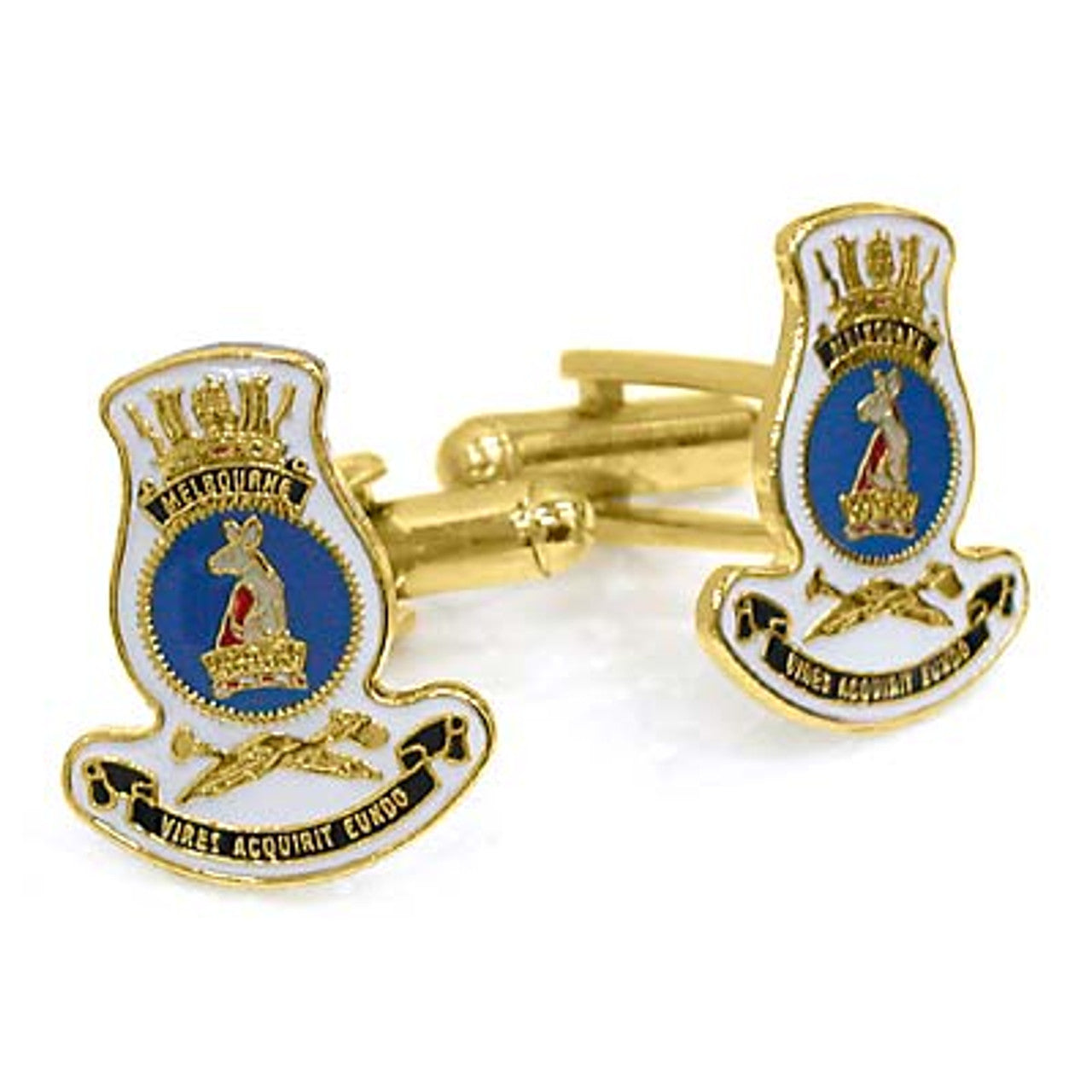 Add a touch of elegance to your wardrobe with HMAS Melbourne 20mm full colour enamel cuff links. These stunning gold plated cuff links are ideal for formal or everyday occasions - the final touch to any ensemble! www.defenceqstore.com.au