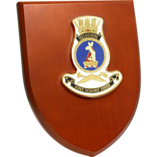 The Exceptional HMAS Melbourne Plaque is a truly remarkable piece that is sure to impress. This beautiful plaque showcases a stunning 100mm full colour enamel crest, elegantly set on a 200x160mm timber finish shield. It is the perfect gift or award for any special occasion or presentation. www.defenceqstore.com.au