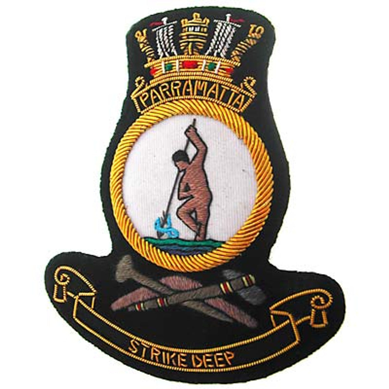 This HMAS Parramatta Bullion Pocket Badge is simply spectacular - adorn your blazer, bag, or any other item with an elegant, stately badge that measures a total of 80x80mm. The secure, 3-butterfly pin clasp on the back ensures that your badge is always in place. www.defenceqstore.com.au