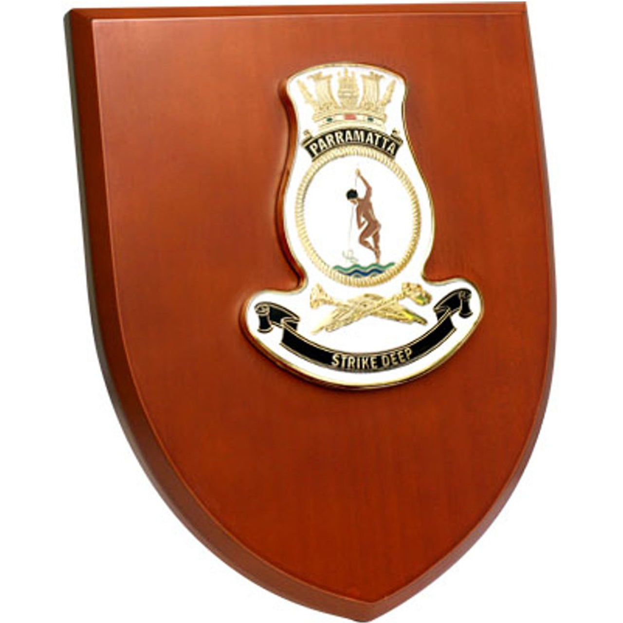 The Exceptional HMAS Parramatta Plaque is a truly remarkable piece that is sure to impress. This exquisite plaque showcases a stunning 100mm full colour enamel crest, elegantly set on a 200x160mm timber finish shield.  www.defenceqstore.com.au