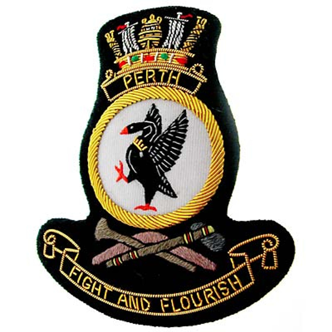 Superb HMAS Perth Bullion Pocket Badge perfect for your Blazer, bag or where you want a stylish badge. Approximate size 80x80mm. Securely fastens with 3 butterfly catches on the back. www.defenceqstore.com.au