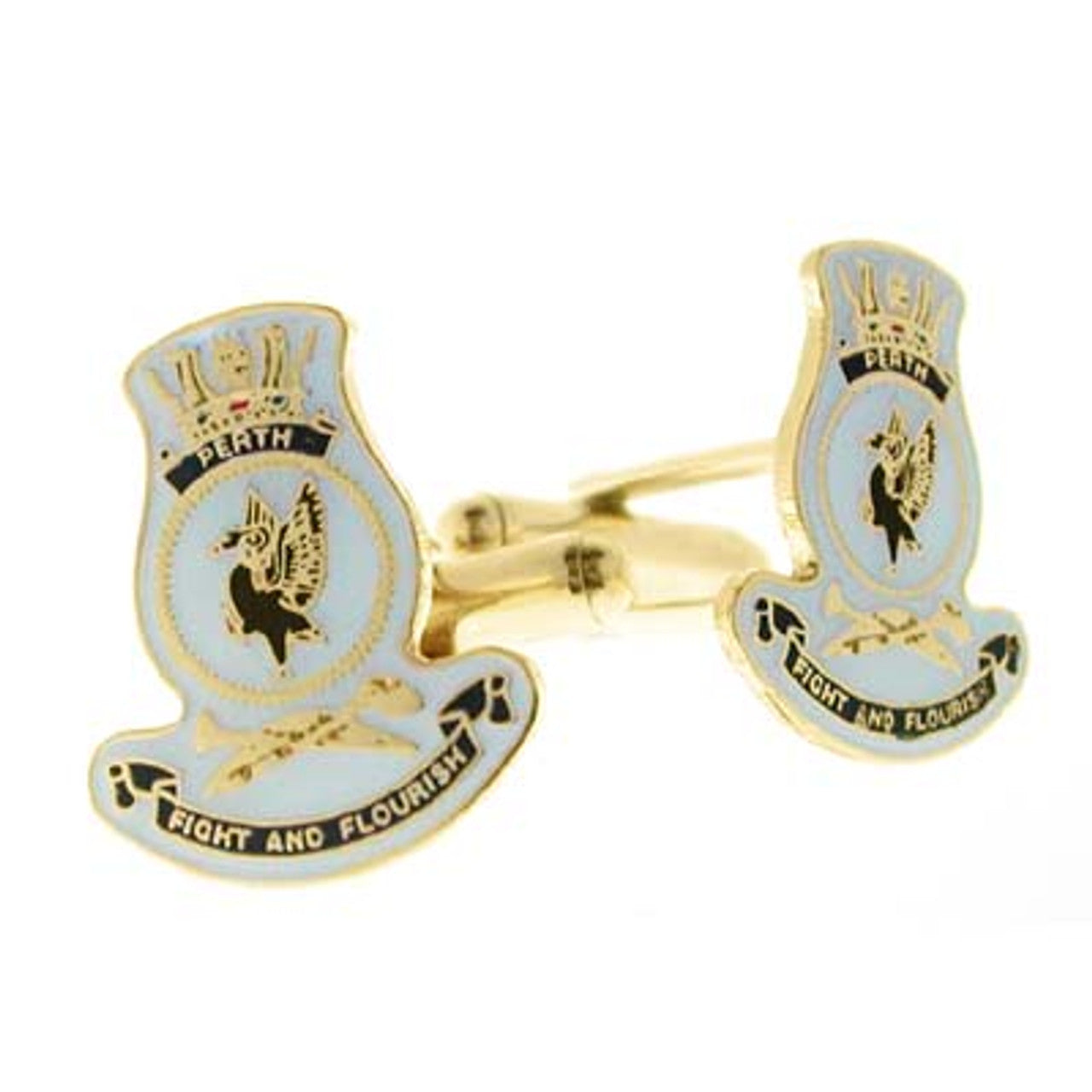 Add a touch of elegance to your wardrobe with HMAS Perth 20mm full colour enamel cuff links. These stunning gold plated cuff links are ideal for formal or everyday occasions - the final touch to any ensemble! www.defenceqstore.com.au