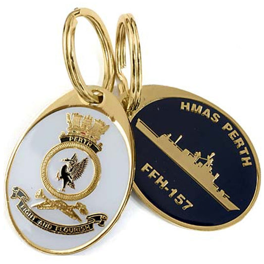 Looking for a unique and practical key ring? Look no further than the HMAS Perth key ring, available now from the tactical specialists. This stunning 40mm gold plated enamel key ring is not only a great way to keep your keys organized, but also a great conversation starter. Place your order today and never lose your keys again. www.defenceqstore.com.au