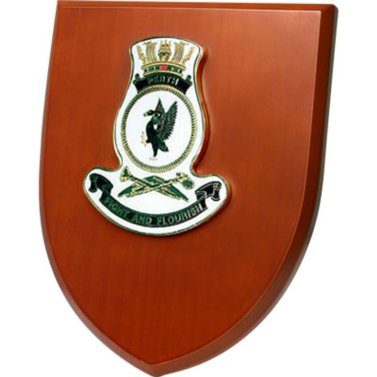 An Exceptional HMAS Perth Plaque is now available for order. This exquisite plaque showcases a stunning 100mm full colour enamel crest, elegantly placed on a 200x160mm timber finish shield. www.defenceqstore.com.au