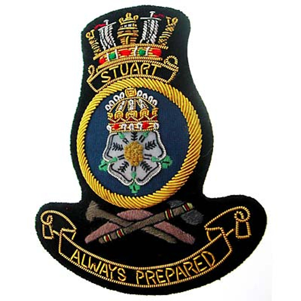 Superb HMAS Stuart Bullion Pocket Badge perfect for your Blazer, bag or where you want a stylish badge. Approximate size 80x80mm. Securely fastens with 3 butterfly catches on the back. www.defenceqstore.com.au