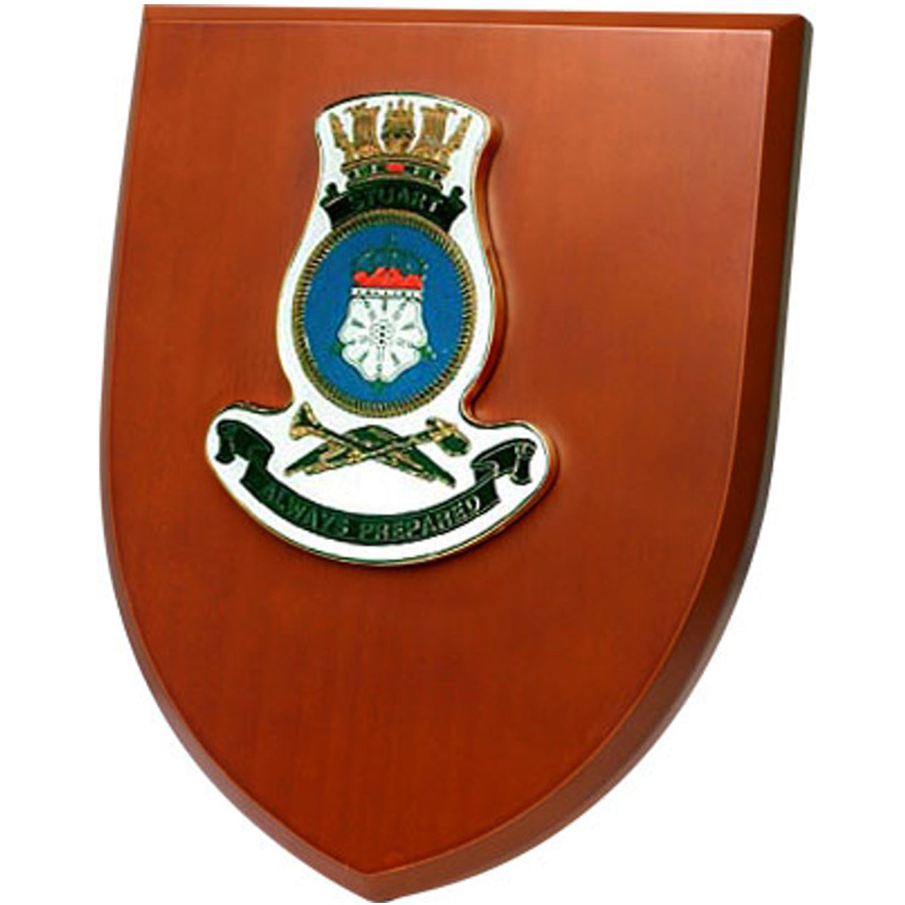 The Exceptional HMAS Stuart Plaque is a truly remarkable piece that is sure to impress. This exquisite plaque showcases a stunning 100mm full colour enamel crest, elegantly set on a 200x160mm timber finish shield. www.defenceqstore.com.au