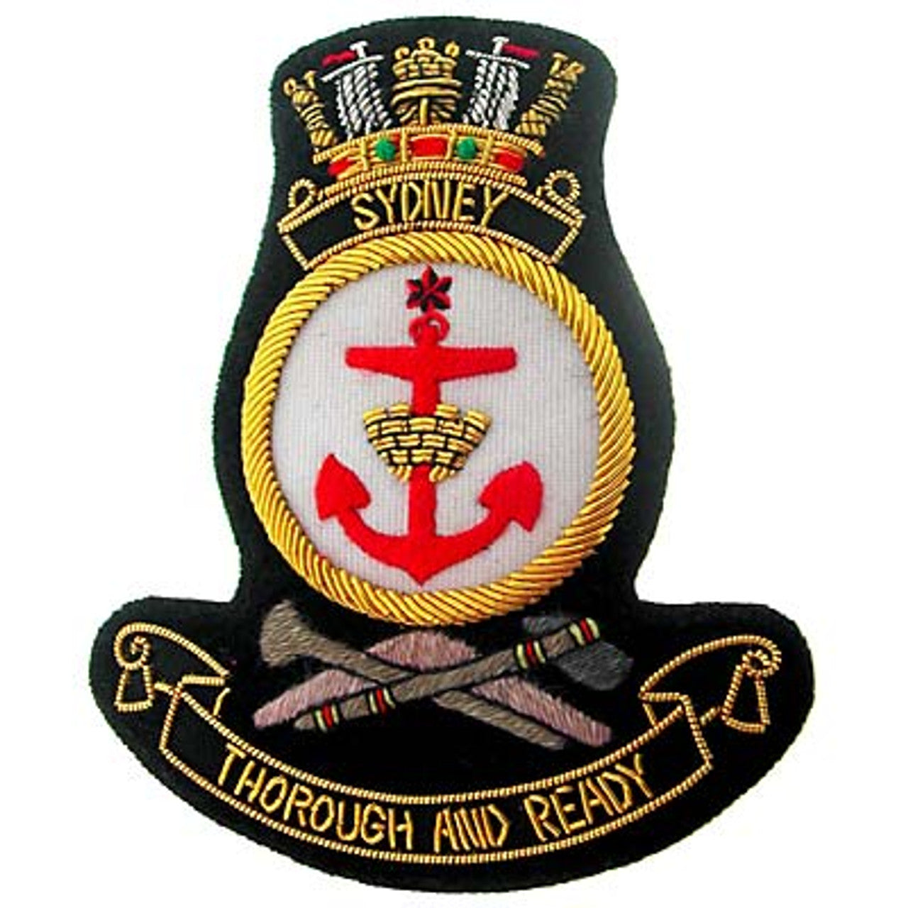 An exquisite HMAS Sydney Bullion Pocket Badge to complete your outfit - perfect for your blazer, bag, or anywhere else you'd like to adorn a unique badge. Boasting a size of approximately 80x80mm, it fastens securely with three butterfly catches on the back. www.defenceqstore.com.au