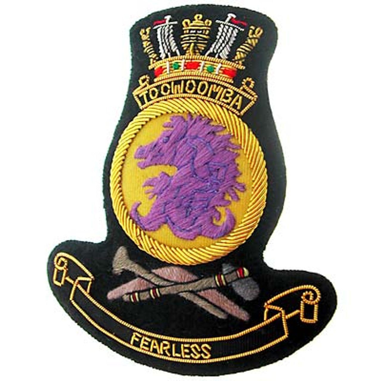 This HMAS Toowoomba Bullion Pocket Badge is simply spectacular - adorn your blazer, bag, or any other item with an elegant, stately badge that measures a total of 80x80mm. The secure, 3-butterfly pin clasp on the back ensures that your badge is always in place. www.defenceqstore.com.au