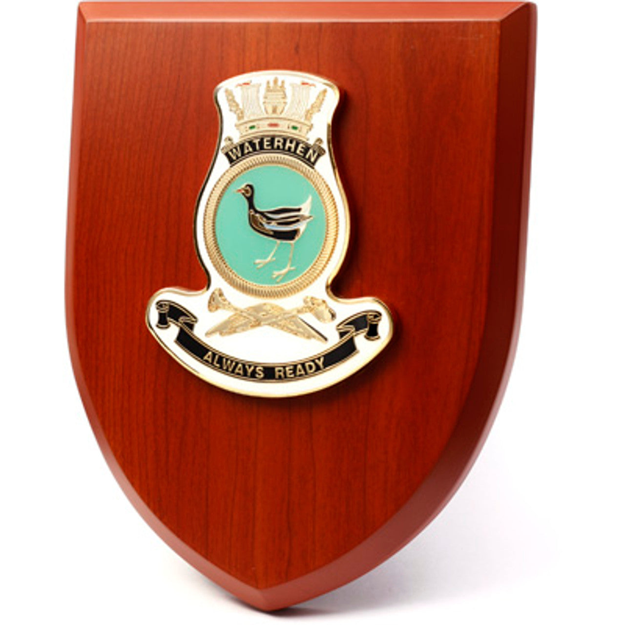 The Exceptional HMAS Waterhen Plaque is a truly remarkable piece that is sure to impress. This exquisite plaque showcases a stunning 100mm full colour enamel crest, elegantly set on a 200x160mm timber finish shield. www.defenceqstore.com.au