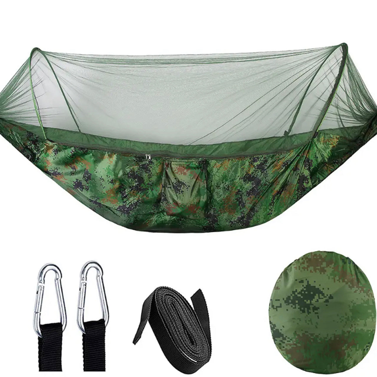 This Hammock With Mosquito Net Tactical Camo is perfect for camping and traveling. It is compact, made of a light weight material with built in very fine mosquito netting, also comes with 2 heavy duty 8cm carabiners, attachment nylon cord with suspenders loops to secure the hammock to the tree line with a carry bag is intergrated into the design.  www.defenceqstore.com.au