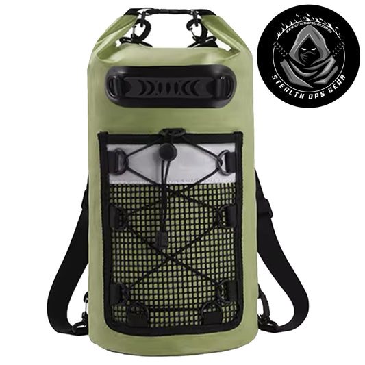 Explore the great outdoors with our versatile and durable Waterproof Backpack Drybag! Measuring 63x28cm, this backpack is made of PVC material and features clip-on shoulder straps for easy carrying. Perfect for hiking, light climbing, beach trips, kayaking, and other tactical operations, this backpack will be your go-to for all your outdoor adventures. www.defenceqstore.com.au