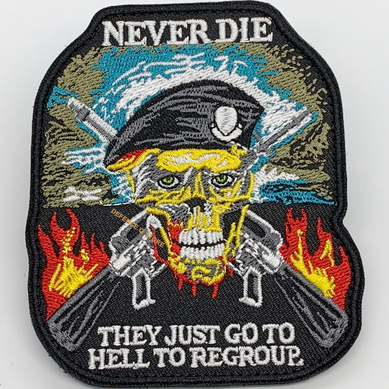 Revive your style with the Never Die Embroidery Velcro Backed Patch, measuring 10x8.5cm, to add a touch of boldness and personality to your outfits.   HOOK AND LOOP BACKED PATCH(BOTH PROVIDED) www.defenceqstore.com.au