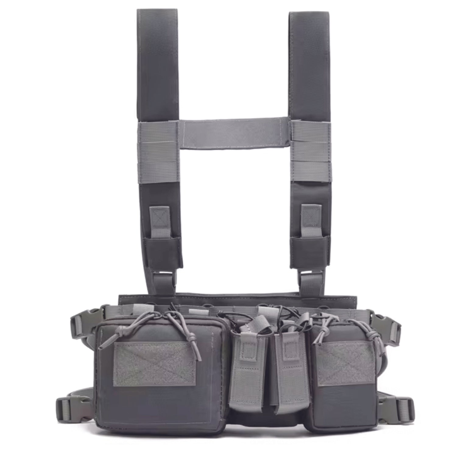The Stealth OPS Gear Chest Rig Harness in Gray is crafted from durable 500D Nylon, offering strength without the bulk. Its lightweight and compact design ensures maximum mobility and speed with minimal drag. Equipped with four large magazine pouches, two smaller ones, and two front pouches, it’s perfect for airsoft, military drills, and cadet training. Stay agile and prepared with this reliable chest rig. www.defenceqstore.com.au